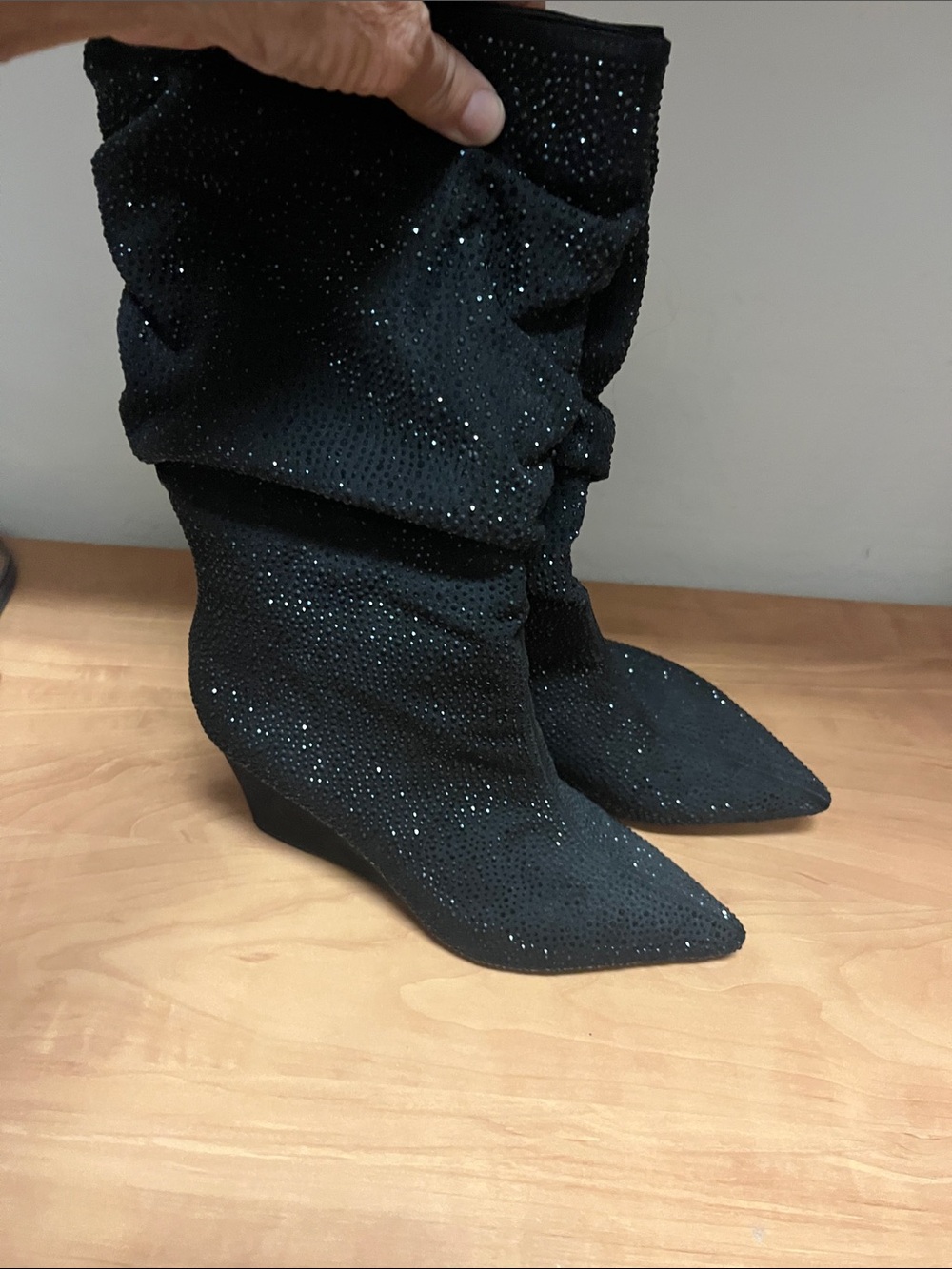 INC Women's Black Sparkle Slouch Wedge Boots